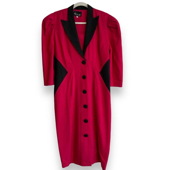 Vintage 80s Pink Black Cloth Button Collar V Neck Boxy Oversize Dress Sz Medium - Picture 1 of 16